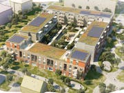 Blick aus Südwesten auf die geplante Überbauung «Feld Eins» im Quartier Feldbreite in Emmen. (Visualisierung: PD)
