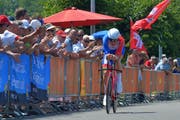 Stefan Küng bei seiner Zieleinfahrt in Weinfelden. (Bild: Mario Testa)