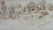 Aus dem Jahr 1780: die älteste Ansicht der Holderbergs- oder Engelvorstadt, aufbewahrt im katholischen Pfarrarchiv Frauenfeld. Das Gebäude Nummer 74 ist die heutige Thundorferstrasse 18. (Bild: Angelus Hux)