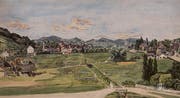 Stadtgeschichte in Bildern: So grün sah das heutige Bahnhofsquartier zwischen Schibenertor und St.Leonhard (die Kirche hinten links) vor 1850 aus. Rechts die heutige Rosenbergstrasse, links hinten die Pappelreihe entlang der heutigen St.-Leonhard-Strasse. (Bild: Historisches und Völkerkundemuseum St.Gallen)