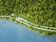 Das Modell zeigt den Bereich beim Südportal des neuen Kaiserstuhltunnels. Unten die heutige Kantonsstrasse, oben die im Rahmen des Projektes neu zu erstellende Verbindungsstrasse zwischen dem Tunnel Kaiserstuhl und dem Umfahrungstunnel Lungern.