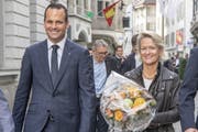 Der gewählte Luzerner FDP-Ständerat Damian Müller (links) und Ständerats-Kandidatin Andrea Gmür (CVP) am Wahlsonntag in Luzern. (Bild: Urs Flüeler / Keystone, 20. Oktober 2019)