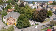 Blick ins Areal für den neuen HSG-Campus am St.Galler Platztor. Im Vordergrund der Untere Graben, links die Böcklin- und rechts die St.Jakob-Strasse. (Bild: Urs Bucher - 28. August 2018)