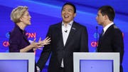 Warren, Yang und Buttigieg kurz nach der Debatte. (Bild: Keystone)