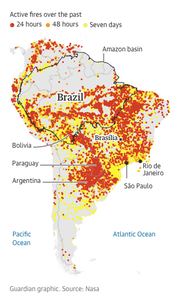 Die Grafik der Zeitung The Guardian zeigt die Waldbrände in Brasilien. (Bild: The Guardian/Nasa)