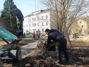 Zwei Gartenbauer arbeiten im botanischen Garten an einem der Pflanzbereiche für das Biodiversitätsprojekt. (Bild: Stefan Hilzinger)