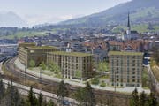 Die geplanten drei Wohnhäuser der Korporation Alpnach und das neue Alterszentrum Alpnach. (Visualisierung: PD)