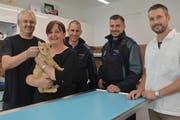Dank Tierarzt Elmer Ahrens und den Polizisten Pascal Rieser sowie Robert Zahner (von rechts) hat Kater Bilo überlebt und bei Ljubica und Tobias Glarner ein neues Zuhause gefunden. (Bild: Zita Meienhofer)