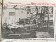 Ein Bild der Verwüstung auf dem Campingplatz in Altenrhein. Der Föhnsturm zerstörte Wohnwagen und Möbel.