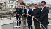 Die Unternehmenskapitäne sind bereit für die neue Schifffahrtssaison: Norbert Reuter (BSB), Andrea Ruf (SBS), Remo Rey (URh), Frank Weber, (BSB) und Alexandro Rupp (VLB). (Bild: Sebastian Keller)