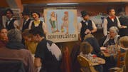 Die Schnitzelbänkler des TV Eschenz bei ihrem Auftritt im Keller des Restaurants Raben. (Bilder: Margrith Pfister-Kübler)