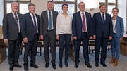 Der Gesamtregierungsrat mit (von links) Joe Christen, Josef Niederberger, Othmar Filliger, Michèle Blöchliger, Alfred Bossard, Res Schmid und Karin Kayser (Bild: Corinne Glanzmann, Stans, 4. März 2018)