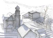 Parallel zur Kirche soll der Neubau des Schulhauses in Libingen leicht im Hang zu stehen kommen. In der Mitte liegt der Fussballplatz, der den Anwohnern sehr wichtig ist. Je weiter man mit dem Schulhaus in den Hang hinaufgehen würde, desto mehr Kosten entstünden. (Visualisierung: PD)