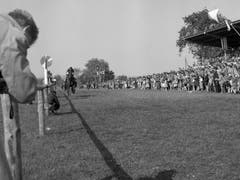 Tausende Zuschauer verfolgen Reiter und Pferde beim Pfingstrennen auf der Frauenfelder Allmend. (Bild: Keystone/Ilse Guenther (30. Mai 1955))