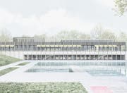 Die geplante Hallenbad-Konstruktion von Westen her mit Blick über das jetzige Freibad.
