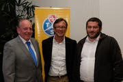 TCS-Präsident Andreas Rösli mit den beiden neu gewählten Vorstandsmitgliedern Ronnie Hürlimann, Buochs, und Roman Huber, Emmetten (von links). (Bild: Richard Greuter, Stans, 28. März 2019)