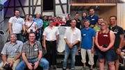 Kommandant Andreas Bösch und Vizekommandant Adrian Salvisberg (Bildmitte) umringt von den fleissigsten ihrer Feuerwehrleute, die mehr als 95 Prozent aller Übungen besucht haben und dafür ein kleines Geschenk bekommen haben. (Bild: Manuel Nagel)