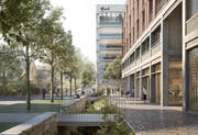 Blick auf die künftige Industriestrasse, rechts zwei der drei Gebäude des künftigen EWL-Areals. (Visualisierung: PD)