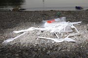 Achtlos liegen gelassenes Plastikbesteck am Zugersee. Symbolbild: Christof Borner-Keller