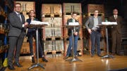 Sie alle wollen ins «Stöckli» und stellten sich deshalb den Fragen von Moderator Ruben Schuler (Mitte) un den politisch interessierten Gästen: Benedikt Würth, Susanne Vincenz-Stauffacher, Mike Egger und Patrick Ziltener (von links).(Bild: Ruben Schönenberger)