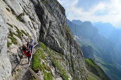 «Ruedi, mer gönnt obsi!» Auf der Suche nach den Steinböcken kommt man manchmal auch etwas aus der Puste. Doch der sagenhafte Blick entschädigt die körperlichen Mühen. (Bild: aho)