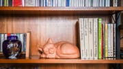 Fachliteratur mit Keramik-Büsi im Büchergestell in der Stube.