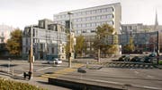 So könnte die Verzweigung Rosenberg- und St.Leonhard-Strasse mit der sanierten Villa Wiesental und dem neuen Bürohaus dahinter aussehen. (Illustration: PD/HRS Real Estate AG)