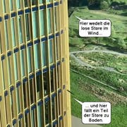 Die schwarze Store flatterte zuerst im Wind... bevor sich Teile davon lösten und zu Boden fielen. (Screenshot: Leservideo Zuzana Ecker, Luzern, 25. April 2019)