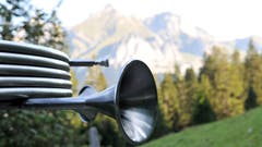 Dieses Treibjagdhorn ist nur eines von aktuell 26 Instrumenten, das sich bei einer Wanderung auf dem Klangweg spielen lässt. (Bild: Dolores Rupa)