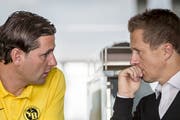 Christoph Spycher (rechts) mit seinem Trainer Gerardo Seoane vor dem Spiel gegen Valencia. (Bild: Keystone)