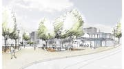 Der Bahnhof-Vorplatz. Links hinten der Bahnübergang für Velos und Fussgänger. (Visualisierungen Stadt Luzern)