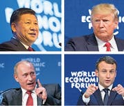 Die grossen Abwesenden am diesjährigen WEF: Chinas Staatschef Xi Jinping, US-Präsident Donald Trump, Russlands Präsident Wladimir Putin und Emmanuel Macron, Präsident von Frankreich. (Bilder: Keystone)