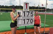 Zeigen auf ihre neuen Bestmarken im Hochsprung: Nadine Odermatt (links) und Tina Baumgartner. (Bild: Thomy Rhymann)
