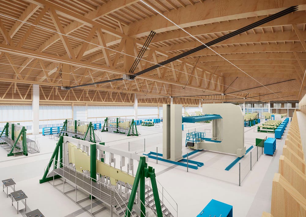 Visualisierung der zukünftigen Arbeitsweise mit der automatischen Nietmaschine in der neuen Strukturbauhalle S ab Juni 2019. (Visualisierung: PD)