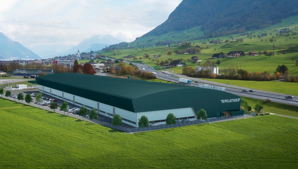 So wird die neue Strukturbauhalle der Pilatus Flugzeugwerke auf dem Flugplatz Buochs aussehen. Im Mai 2019 beginnt der Bezug der Halle. (Visualisierung: PD)