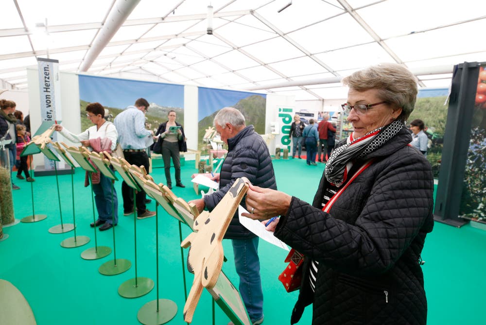 Beatrice Wenger macht am Stand des Zuger Bauernverbands an einem Wettbewerb mit. (Bild: Stefan Kaiser (Zug, 23.Oktober 2018))
