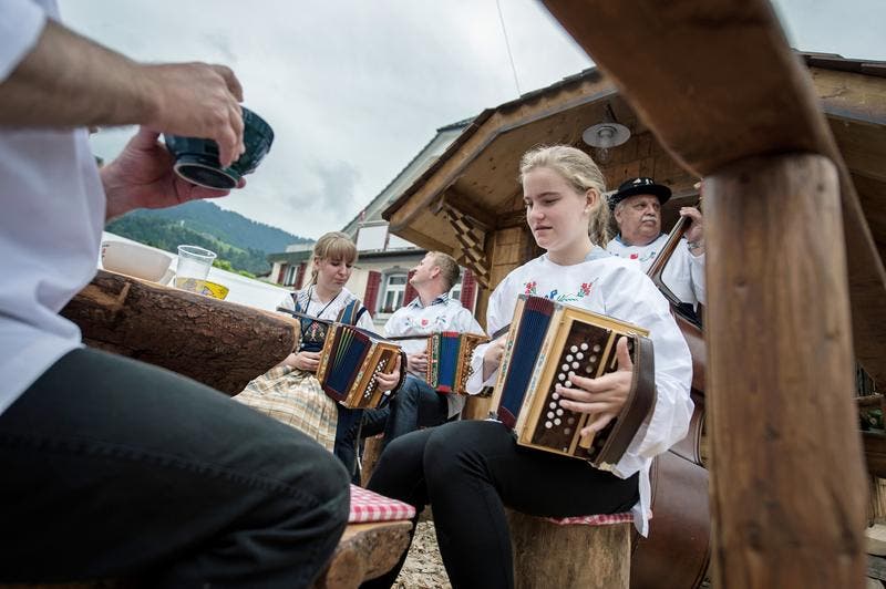 Der Wagen «Alphornbock» der Alphornbläser und Fahnenschwinger Küssnacht am Rigi. (Bild: Pius Amrein / Neue LZ)