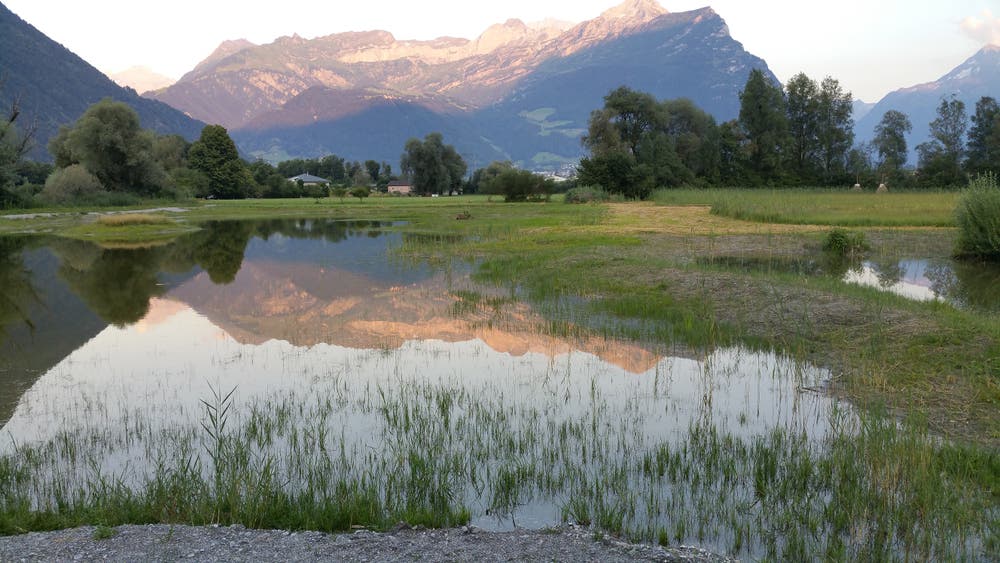 Blick vom Wyer-Weiher im Ressdelta Richtung Haldi, Schwarzgrat, Bälmeten, Hoch Fulen und Burg. (Bild: Othmar Broger, Seedorf, 18. Juli 2018)