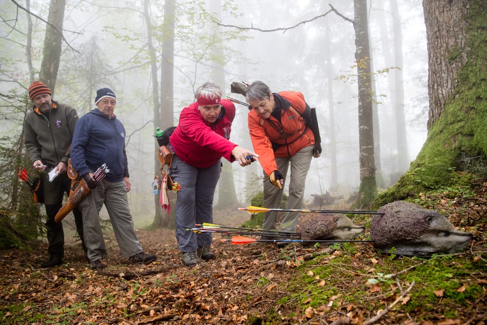 Urs Bürli, Hansruedi Schorno, Alice Zimmermann und Vreni Kunz (von links) schauen sich die Treffer an. (Bild: Philipp Schmidli (Mörlialp, 29. September 2018))