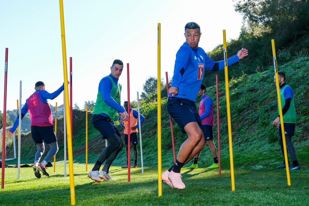 Ruben Vargas, Tomi Juric und Lucas Alves bei einer Übung. (Bild: Martin Meienberger (13. Januar 2019))