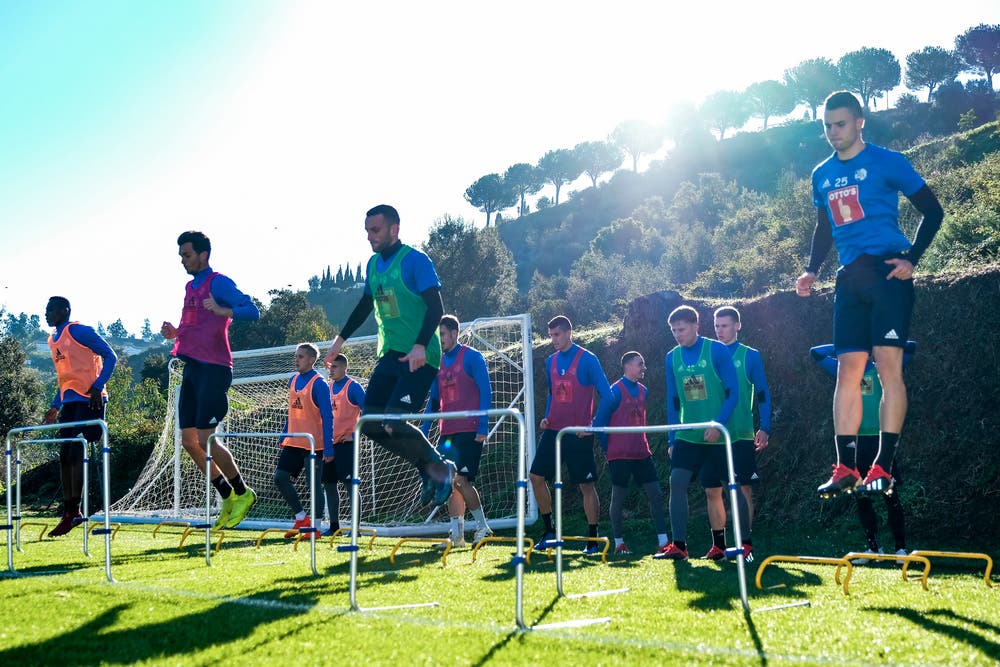 Cleric Njau, Shkelqim Demhasaj, Christian Schneuwly und Yannick Schmid im Trainingslager auf Marbella. (Bild: Martin Meienberger (13. Januar 2019))