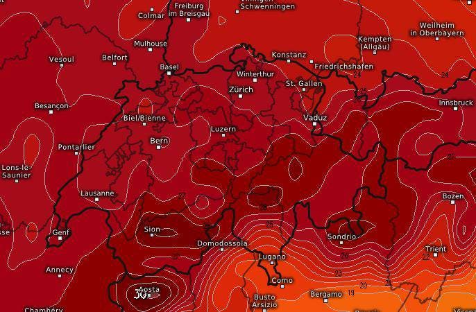 Ein Temperaturbild zeigt die bevorstehende Hitzewelle. (Bild: kachelmannwetter.com)
