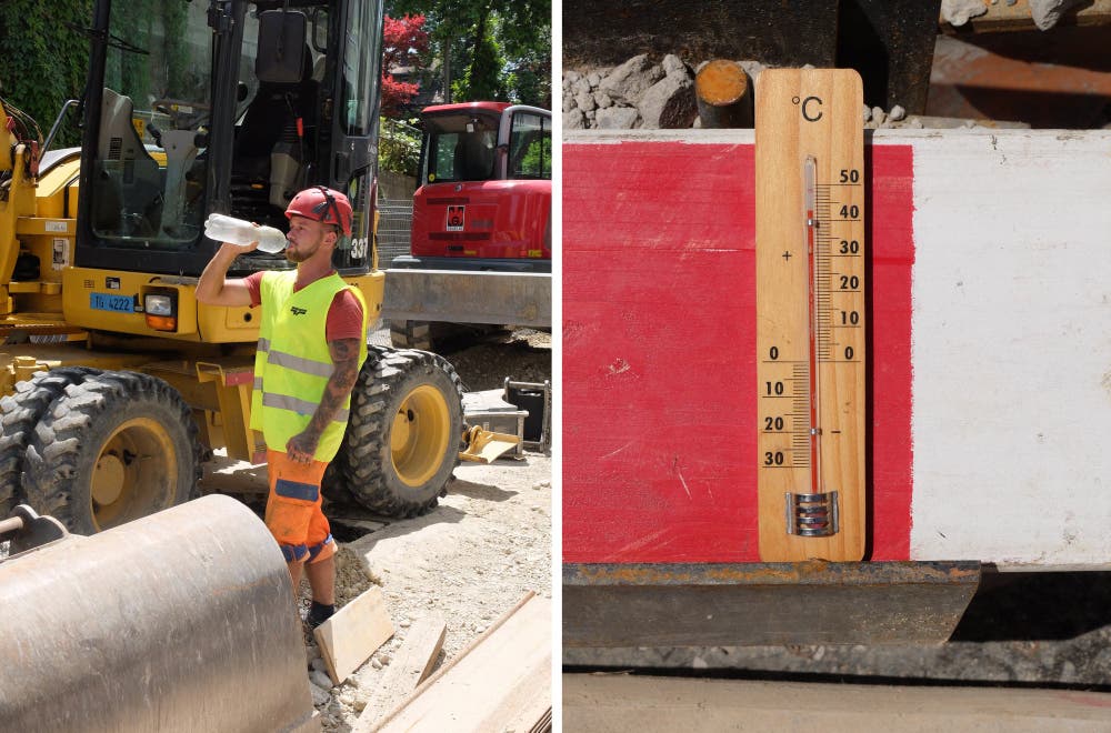 Die Anzeige im Thermometer steigt und steigt. Auf dieser Baustelle in Frauenfeld ist es besonders heiss. (Bild: Stefan Hilzinger / Thurgauer Zeitung)