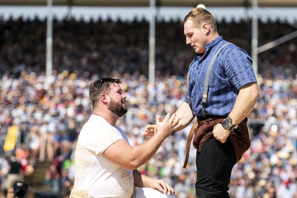 Jonas Lengacher und Joel Wicki (rechts) im 3. Gang. (Bild: KEYSTONE/Alexandra Wey, Zug, 24. August 2019)