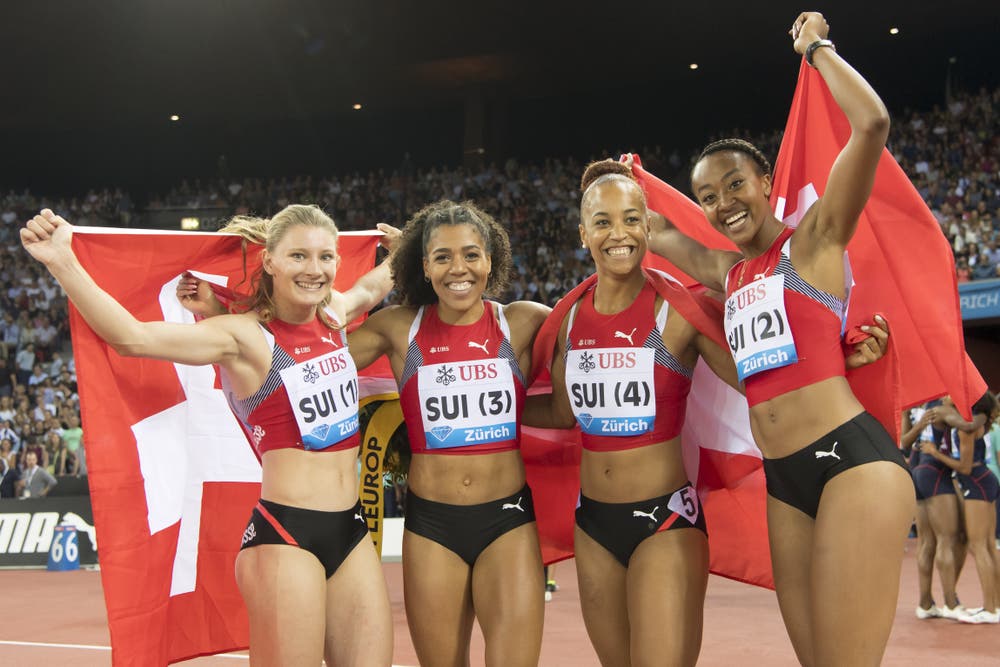 4x100m (Ajla Del Ponte, 23, Losone / Mujinga Kambundji, 27, Liebefeld / Salomé Kora, 25, St.Gallen / Sarah Atcho, 24, Cugy / Géraldine Frey, 22, Unterägeri (nicht auf dem Bild) / Cornelia Halbheer, 27, Winterthur (nicht auf dem Bild)) (KEYSTONE/Jean-Christophe Bott)