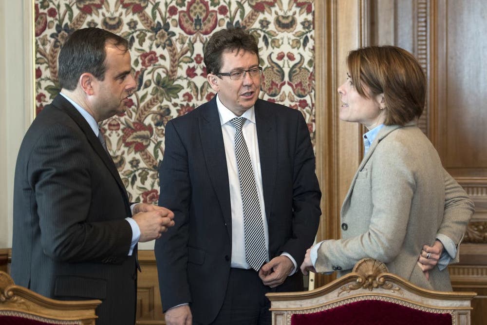 April 2016 – die neuen Parteipräsidenten. Drei der vier Bundesratsparteien wechselten Anfang Legislatur den Präsidenten aus: Gerhard Pfister übernahm bei der CVP von Christophe Darbellay, die freisinnige Petra Gössi von Philipp Müller und Albert Rösti (SVP) von Toni Brunner. (Bild: Keystone)