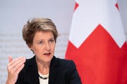 Bundesrätin Simonetta Sommaruga, Vorsteherin des Eidgenössischen Justiz- und Polizeidepartements . (KEYSTONE/Anthony Anex)