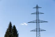 Ein grün gestrichener Mast während der Medienbegehung der Hochspannungsleitung Mörel-Ulrichen in Ernen bei Goms im Wallis. In diesem Herbst werden im Auftrag von Swissgrid die Masten montiert und die Leiterseile eingezogen. Die Hochspannungsleitung diente dereinst zum Abtransport der Energie aus der Walliser Wasserkraft. (Bild: Dominic Steinmann/Keystone (Goms, 8. Oktober 2018))