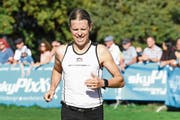 Flavio Rieder hat auf der Halbmarathonstrecke sichtlich zu leiden. (Bild: Alexander Wagner (Beinwil am See, 13. Oktober 2018)