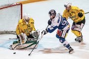 Am Vorabend noch in der National League im Einsatz, spielt Fabian Haberstich (Mitte) tags darauf mit der EVZ Academy gegen Thurgau. (Bild: Patrick Hürlimann (Zug, 14. Oktober 2018))
